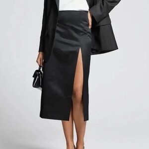 Black Satin High-Slit Midi Pencil Skirt Size 8
